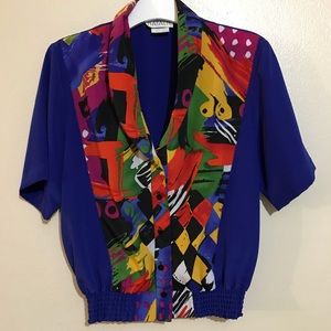 Blue V neck Button Front Blouse